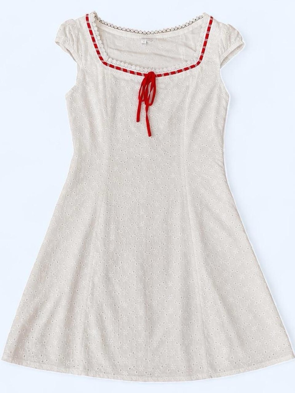 Cream Eyelet Casual Dress with Red Trim